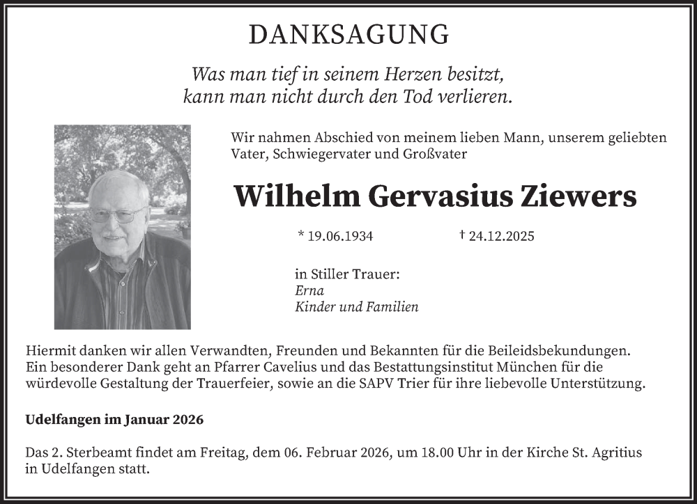  Traueranzeige für Wilhelm Gervasius Ziewers vom 31.01.2026 aus trierischer_volksfreund