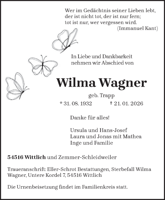 Traueranzeige von Wilma Wagner von trierischer_volksfreund