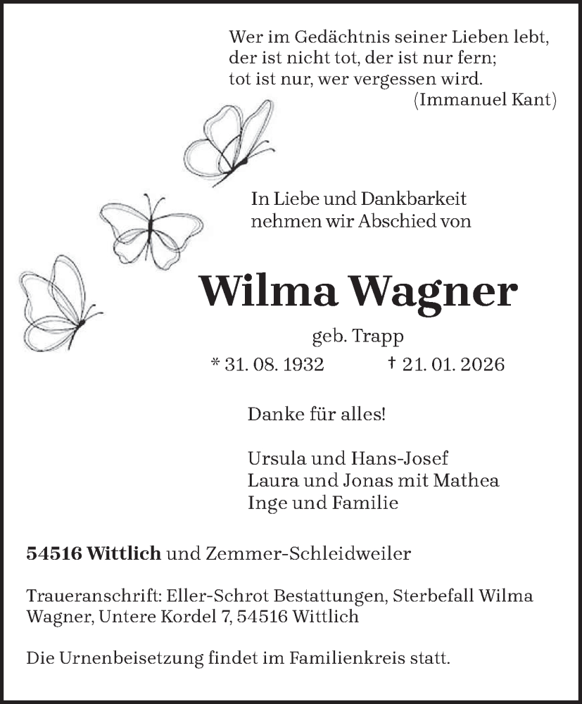  Traueranzeige für Wilma Wagner vom 07.02.2026 aus trierischer_volksfreund