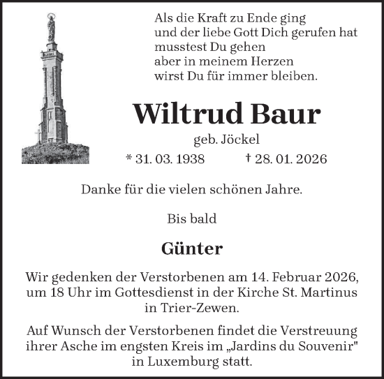Traueranzeige von Wiltrud Baur von trierischer_volksfreund