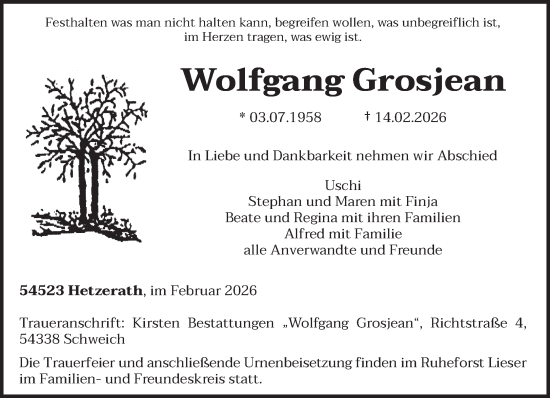 Traueranzeige von Wolfgang Grosjean von trierischer_volksfreund