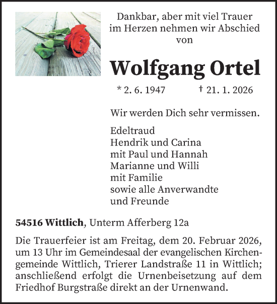 Traueranzeige von Wolfgang Ortel von trierischer_volksfreund