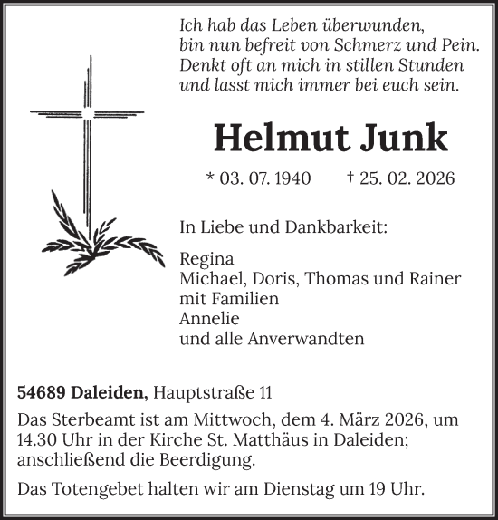 Traueranzeige von Helmut Junk von trierischer_volksfreund
