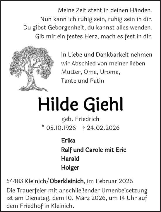 Traueranzeige von Hilde Giehl von trierischer_volksfreund