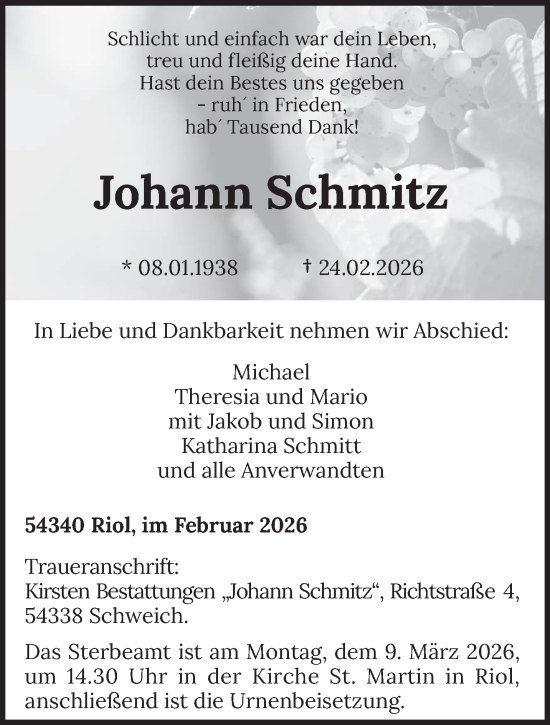 Traueranzeige von Johann Schmitz von trierischer_volksfreund